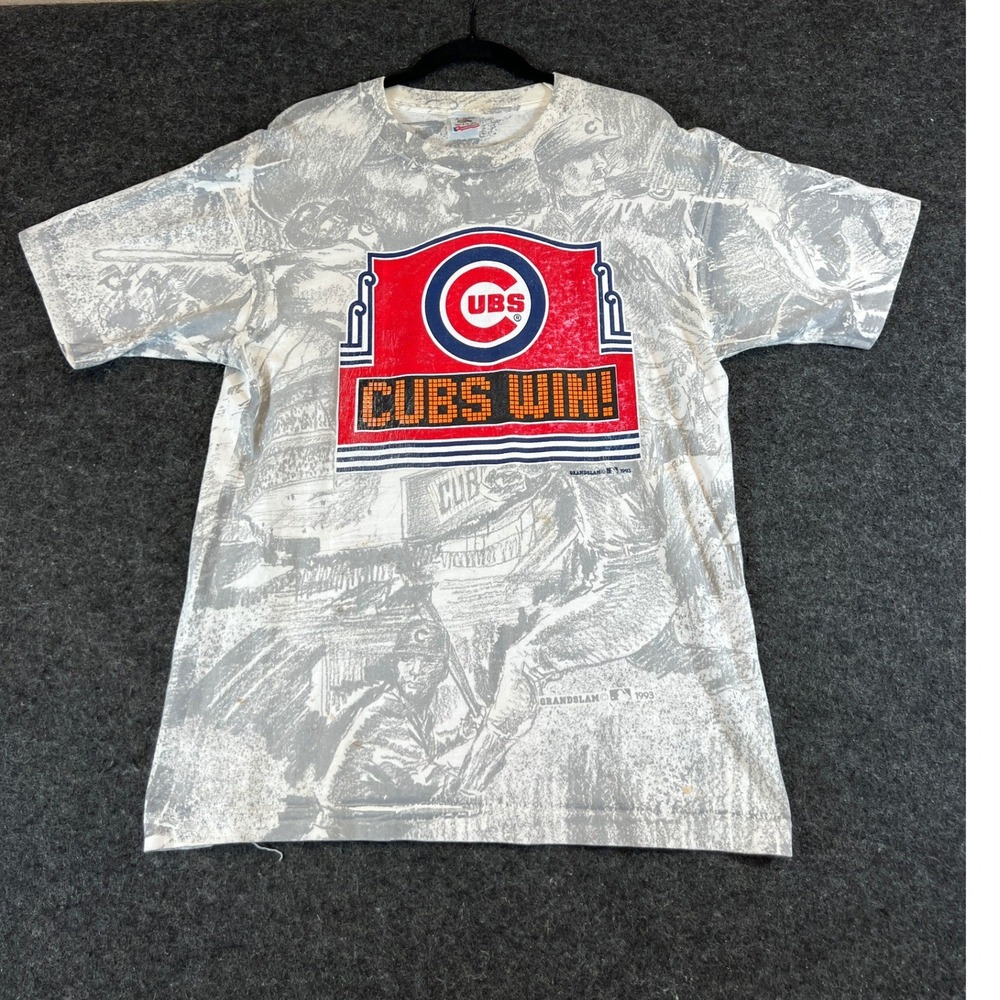 VTG 90s Chicago Cubs MLB T Shirt Men Large Gray All Over Print Grandslam AOP